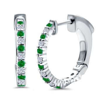 Half Eternity Huggie Hoop Earrings Round Simulated Green Emerald CZ 925 Sterling Silver (14mm)